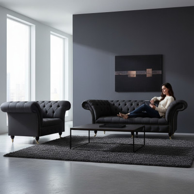 Chesterfield melnas auduma komplekts dizainera 3-vietīgā dīvāna krēsls 2 gab.
