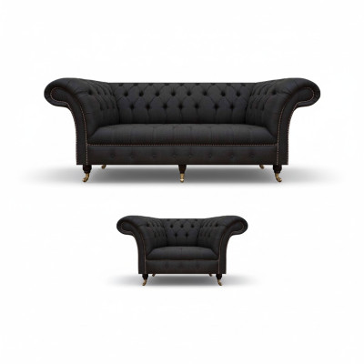 Chesterfield melnas auduma komplekts dizainera 3-vietīgā dīvāna krēsls 2 gab.