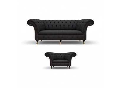 Chesterfield melnas auduma komplekts dizainera 3-vietīgā dīvāna krēsls 2 gab.
