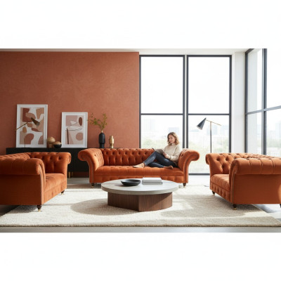 Brūni Chesterfield sēdvietas Dzīvojamā Istaba Dizaina Dīvāni 3 gabalu komplekts
