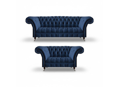 Zila Chesterfield tekstila dīvānu komplekts ar divvietīgu sofa komplektu