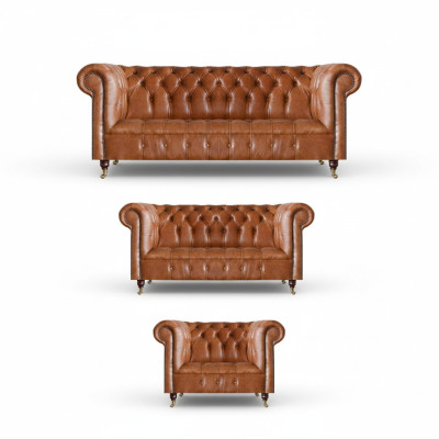 Brūni Chesterfield ādas dīvāni dizainera dzīvojamā istaba soli 3 gabali.