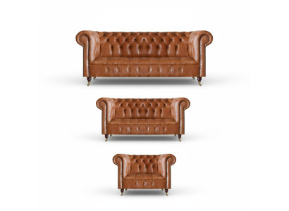 Brūni Chesterfield ādas dīvāni dizainera dzīvojamā istaba soli 3 gabali.