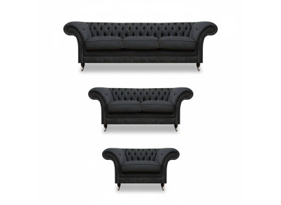 Elegantu pelēkas Chesterfield dizainera dīvāna 3 gabalu komplekts dzīvojamā istabā.