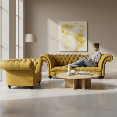 Dizainera dzīvojamā istaba Moderns dzeltenais dīvānu komplekts 2 dīvāni Chesterfield