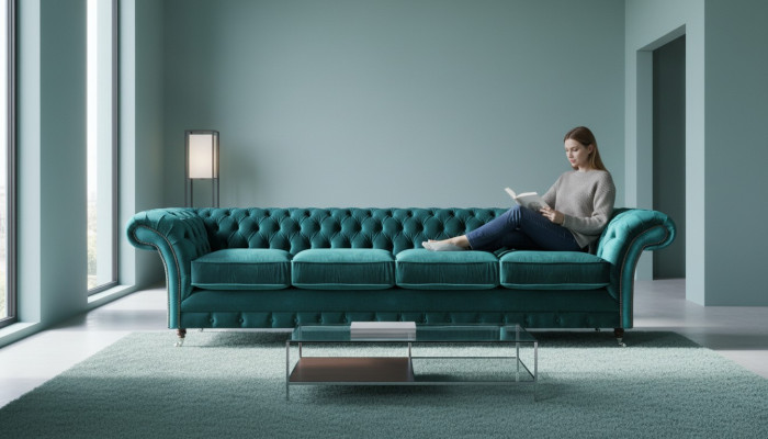 Eleganta Chesterfield zaļa mīkstie materiāla dīvāns Moderns četru sēdvietu auduma dīvāns