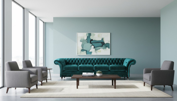 Eleganta Chesterfield zaļa mīkstie materiāla dīvāns Moderns četru sēdvietu auduma dīvāns