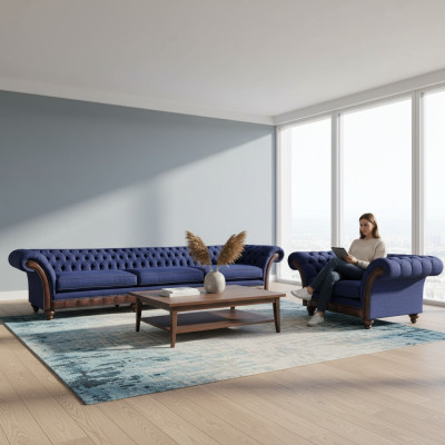 Zilā Chesterfield mēbeles dizainera 3-vietīgs dīvāns auduma krēsls 2 gab.