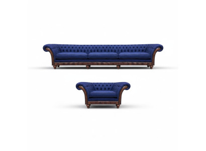 Zilā Chesterfield mēbeles dizainera 3-vietīgs dīvāns auduma krēsls 2 gab.