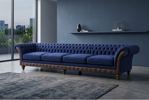 Zils "Chesterfield" dzīvojamā istaba četrato saišķu dīvāns Ekskluzīvi apjomgaldi.