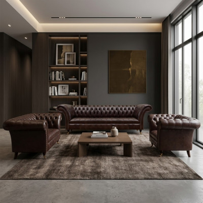 Brūnas "Chesterfield" ādas dīvāns, dizainera divvietīgais, četrvietīgais krēsls