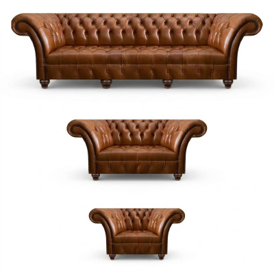 Chesterfield Brūna Ādas garnitūra Izsmalcinātas dīvānas Dizainera krēsli