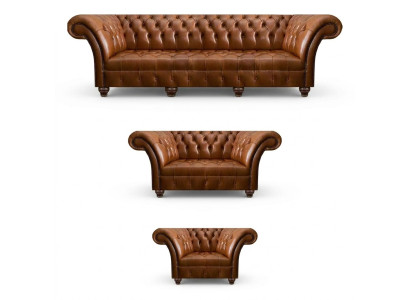 Chesterfield Brūna Ādas garnitūra Izsmalcinātas dīvānas Dizainera krēsli