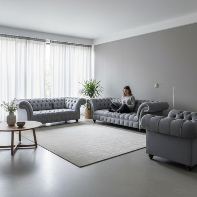 Chesterfield Dārgs tekstila komplekts, dizainera 3-vietīgs divvietīgs atpūtas krēsls