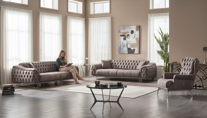 Dzīvojamās istabas dīvānu komplekts 3+3+1 vietas polsterēts mēbeļu luksusa audumā