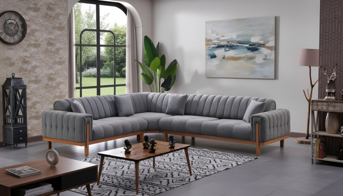 Pelēks modulārs L formas dīvāns mūsdienu dizains