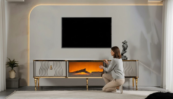 Baltais TV sānu skapis, zelta MDF šķiedra plokste + metāla dzīvojamās istabas TV mēbeles