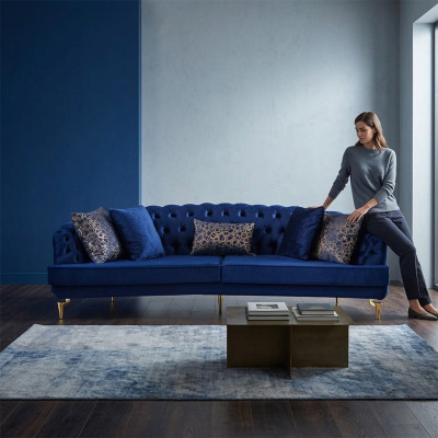 Zila dzīvojamā istaba Chesterfield dīvāngarnitūra luksusa auduma dīvāni 4 vietas
