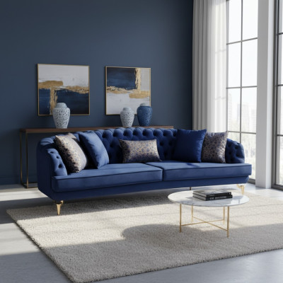 Zila dzīvojamā istaba Chesterfield dīvāngarnitūra luksusa auduma dīvāni 4 vietas