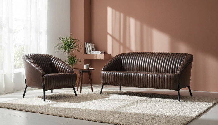 Brūna ādas sofa dzīvojamā istaba divvietīgā dīvānā dizainera ādas krēslā 2 gabali.