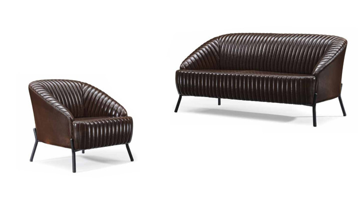 Brūna ādas sofa dzīvojamā istaba divvietīgā dīvānā dizainera ādas krēslā 2 gabali.