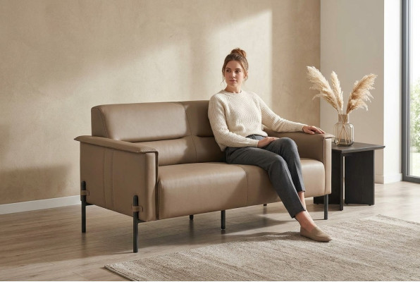 Dīvāns Beža 2-vietīgā sofa Moderns ādas dīvāns Sēdvietas divsēdvietīgs āda
