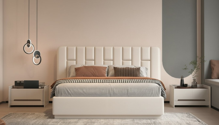 Beige luksusa gulta ar modernu polsterētu galvgalu