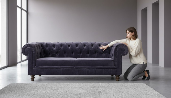 Olīvu dizaina šķautne Chesterfield dīvāns Ar sēdekli Auduma audums Garnitūra Samts