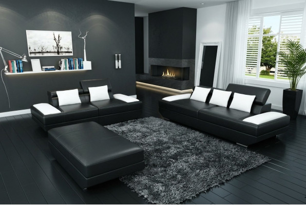Sofaseta no ādas - trīs viena un diviViena Polster Couch Sofa Set Garnitur Hocker Sofas - 2719A