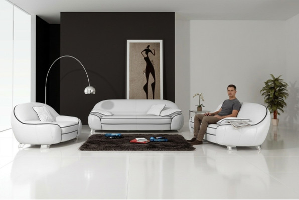 Sofas komplekts ar 3+2+1 mēbeļu komplektu ar mīkstu ādas dīvānu.
