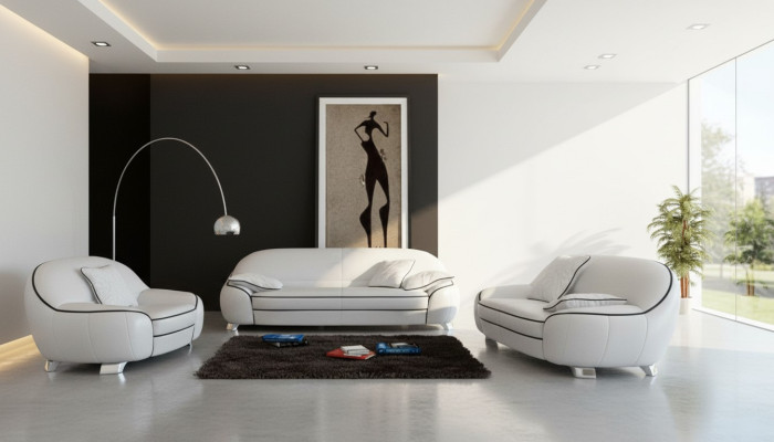 Sofas komplekts ar 3+2+1 mēbeļu komplektu ar mīkstu ādas dīvānu.