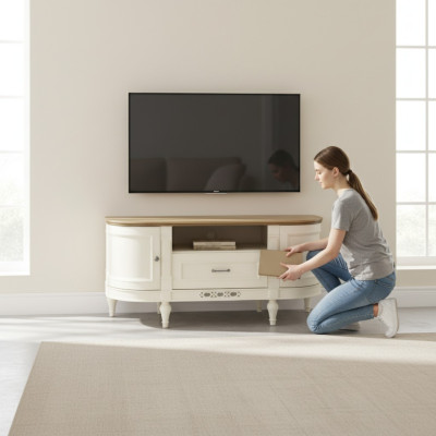 Elegants baltā TV skapis no dabīgā koka: Funkcionalitāte un stils jūsu interjeram.