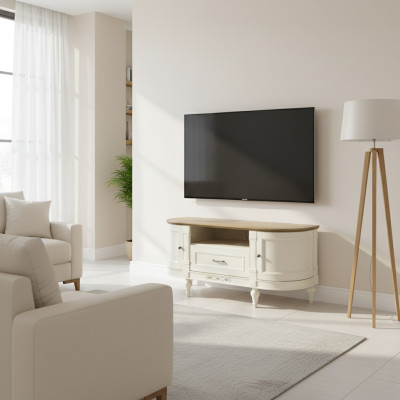 Elegants baltā TV skapis no dabīgā koka: Funkcionalitāte un stils jūsu interjeram.
